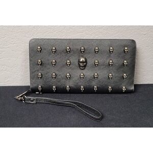 Women's Thomas Wylde Metal Skull Black Vegan Leather Wristlet Zip Around Wallet